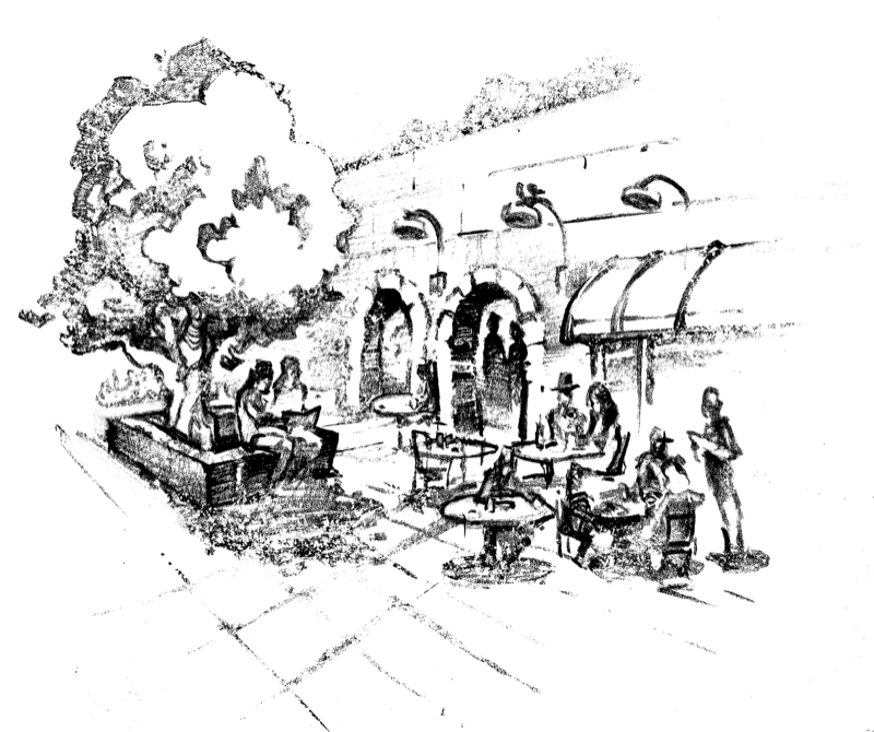 Pen-and-ink illustration of figures gathered in a landscape